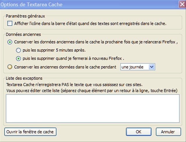 Textarea Cache 0.8.5 : une extension Firefox pour sauver le texte d'une zone de saisie