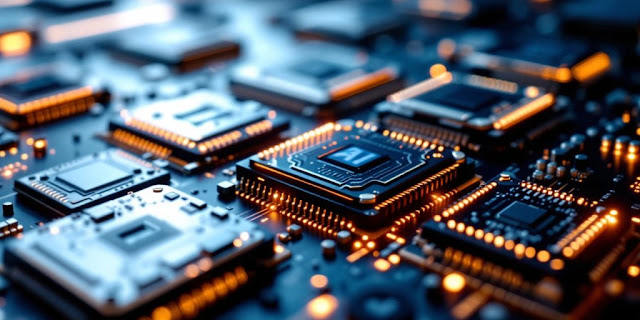 Close-up of advanced AI chips on a sleek surface.