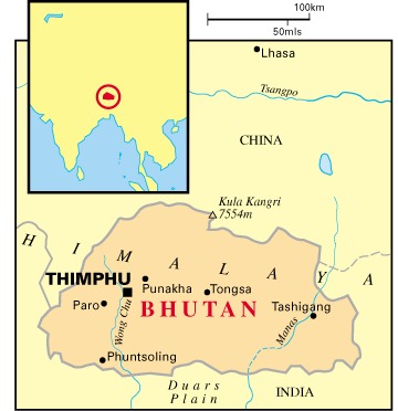 Mapa de la ubicación de Bután