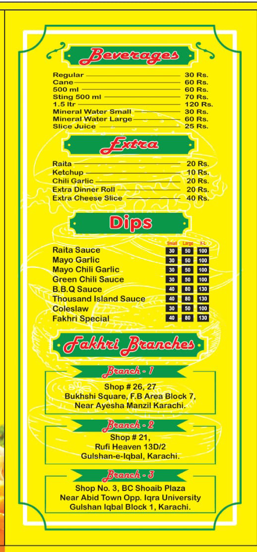 Fakhri Fast Food Menu