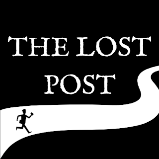 A black background bisected horizontally by a white, gently curving line representing a path. Above the line are the words 'The Lost Post'. In the middle of the line is the figure of a postman running with a letter in his hand.