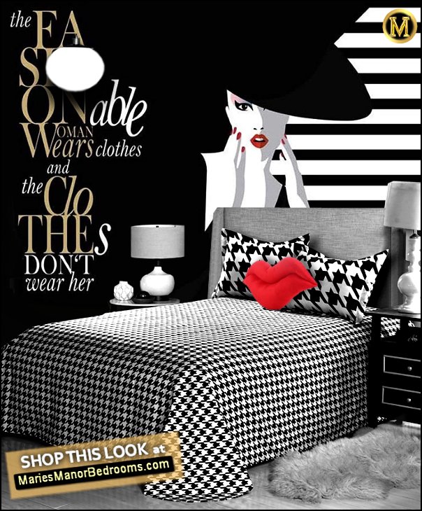 Fashionista wallpaper mural   Houndstooth bedding  Red lips throw pillow  Faux fur floor rug