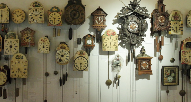 Collection of ancient cuckoo and musical clocks at Black Forest Museum, Triberg, Germany