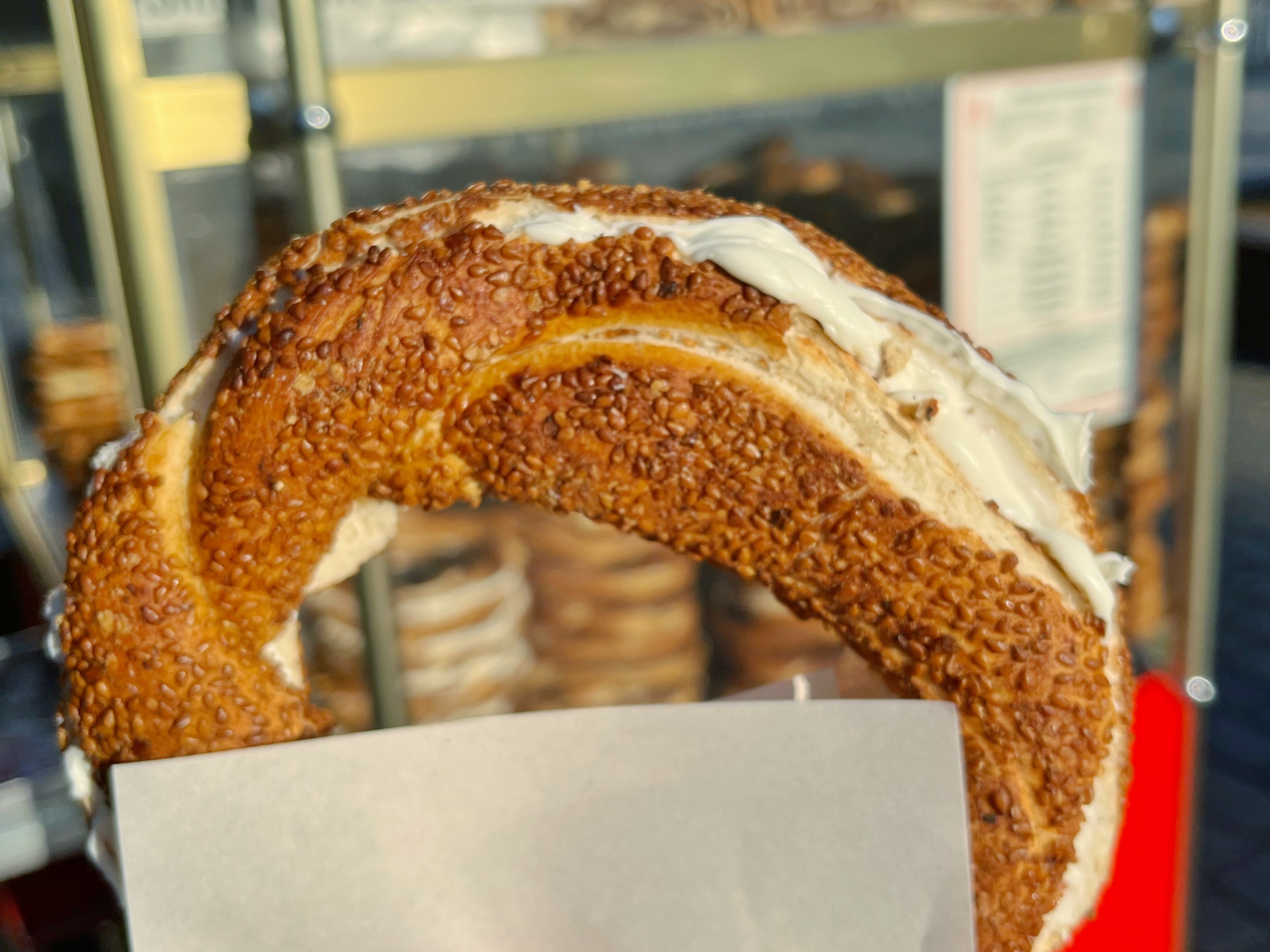 simit, a Turkish bread ring baked with sesame seeds and filled with cheese