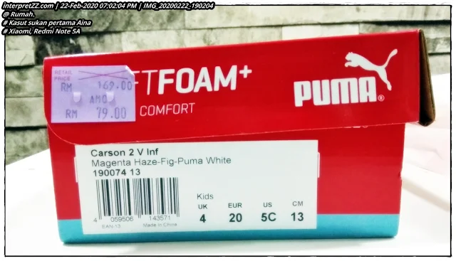 Carson 2 V Inf. Magenta Haze-Fig-Puma White. 19074 13. EAN-13. Made in China. Kids UK 4 EUR 20 US 5C CM 13. Gambar kasut sukan kanak-kanak jenama PUMA di Malaysia.