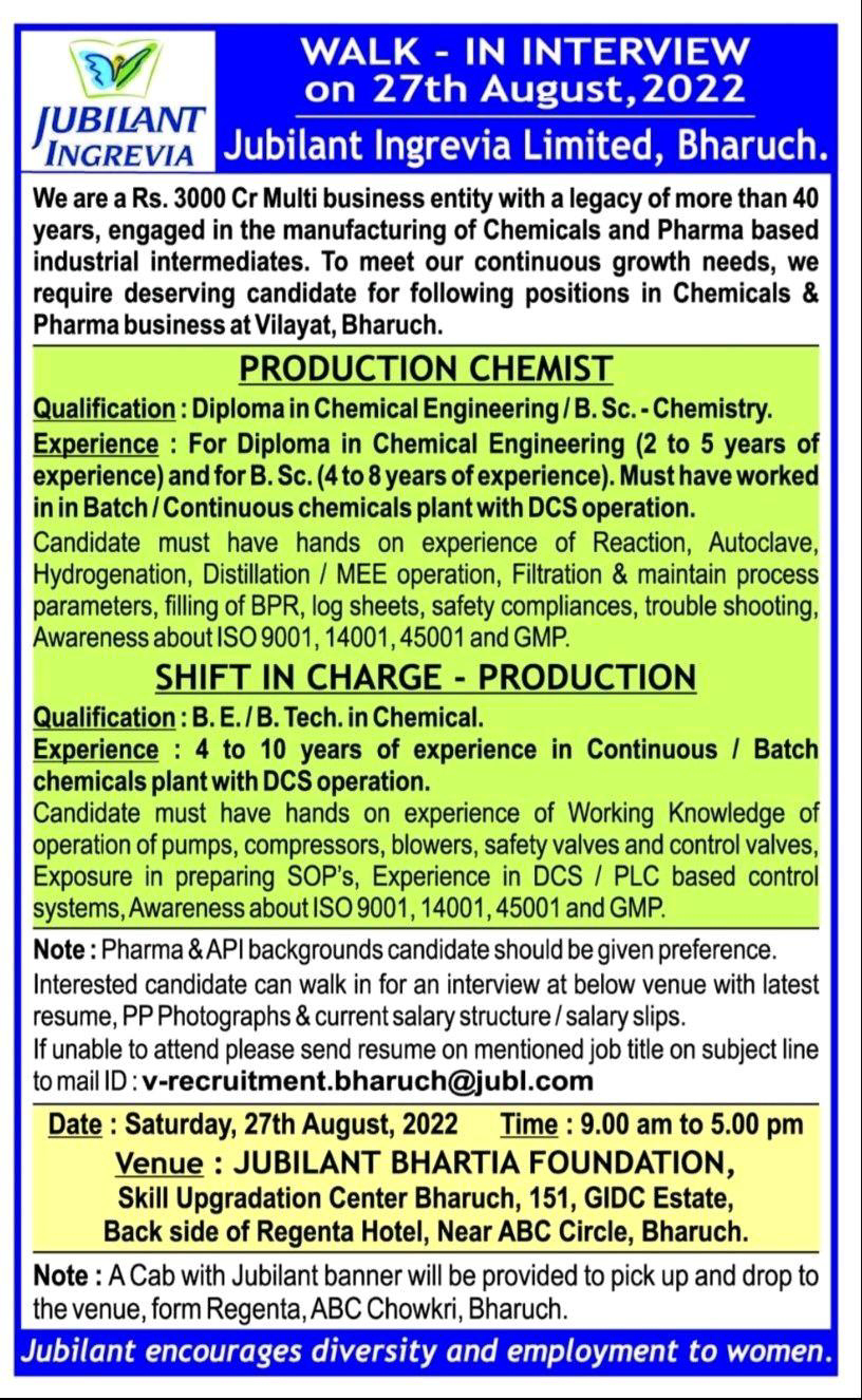 Job Available's for Jubilant Ingrevia Ltd Walk-In Interview for Diploma in Chemical Engineering/ BSc/ BE/ B Tech Chemical