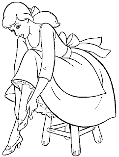 Coloring pages of Cinderella trying on glass slippers