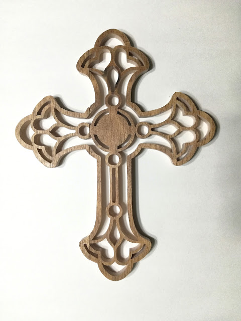 Filigree Fretwork Cross Made From Laminated Harwood Flooring Samples