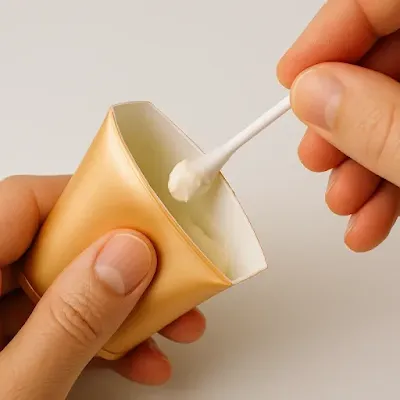 면봉으로 튜브형 화장품을 긁어 쓰는 모습