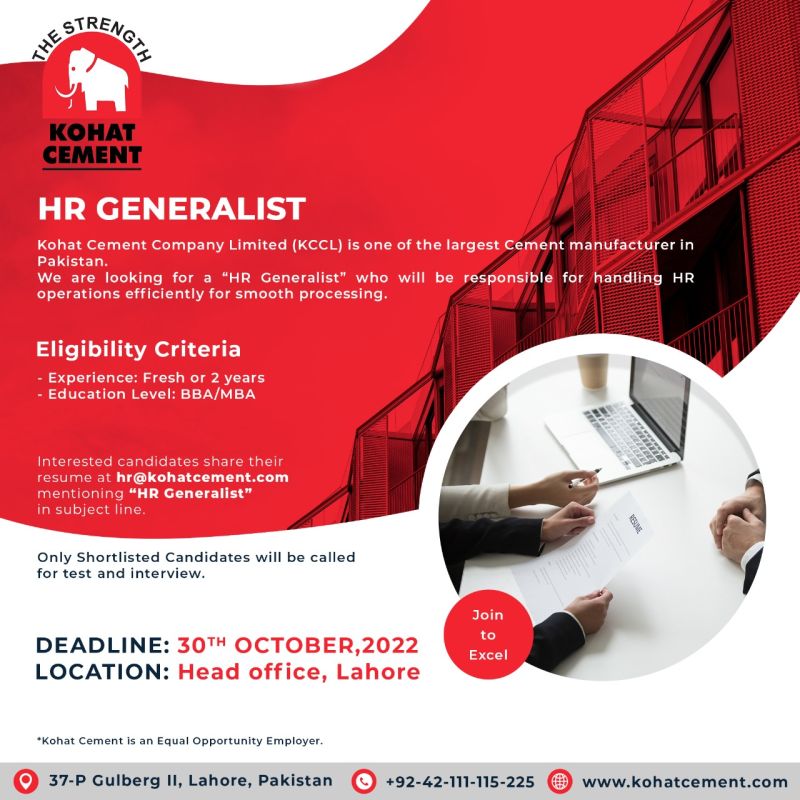 Kohat Cement Company Limited is looking for a "HR Generalist"