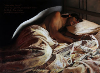 Sleeping Angel pastel art of man with wings and tussled sheets asleep