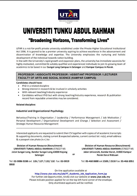 Jawatan Kosong Akademik di Universiti Tunku Abdul Rahman (UTAR) 