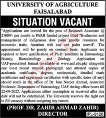 Latest University of Agriculture UAF Research Posts Faisalabad 2022