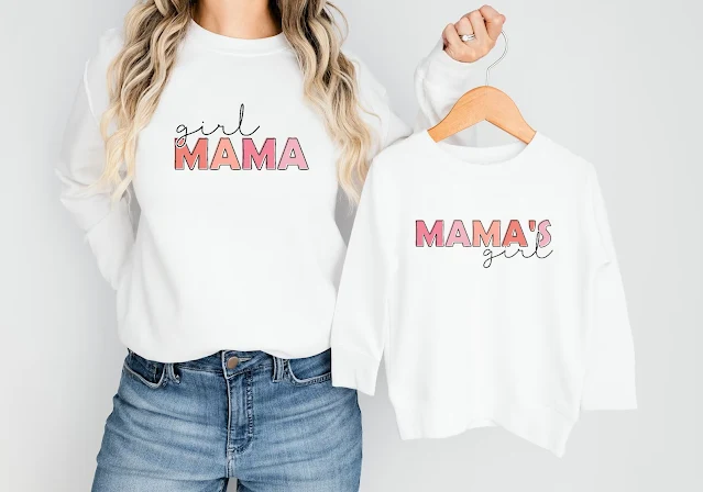 Matching white sweatshirts from AllAboutTheBump with Girl Mama and Mama's girl print