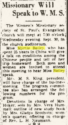 Climbing My Family Tree: ”Missionary Will Speak to W. M. S.” 29 September 1942, Findlay Republican Courier, p 5