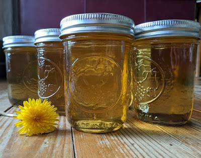 photo of a dandelion and jars of dandelion honey