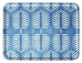 blue tray with a leaf pattern in another shade of blue