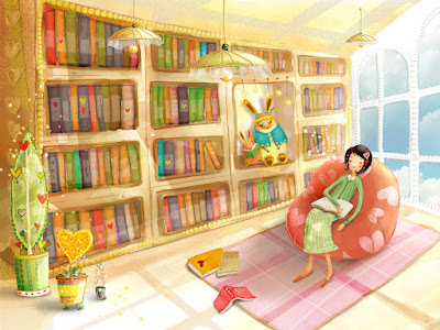 Animated library with vibrant colors. Woman lounging next to window on a red bean-bag chair.