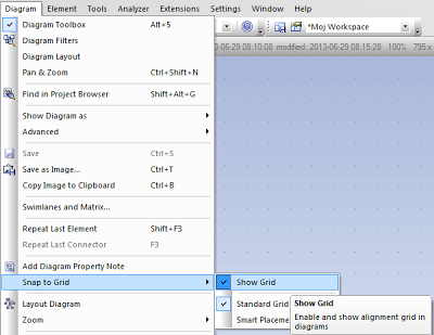 menu: Diagram - Snap to Grid - Show Grid