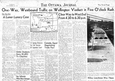 Ottawa Journal top half of the Third Page with headline 'One-Way, Westbound Traffic on Wellington Viaduct in Five O'clock Rush', subhead 'Clear Way to West End from 4.30 to 6.30 p.m.', with a photo of the Wellington Viaduct showing four cars side-by-side in the middle of the bridge, overlaid with the text 'one-way traffic westbound between 4.30 and 6.30 p.m.'