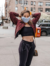 Nyc fashion blogger Kathleen Harper showing how to make a bandana face mask.