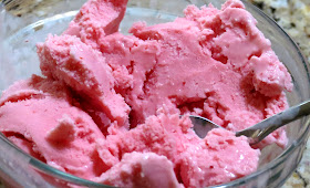 strawberry sherbert with fresh garden grown berries