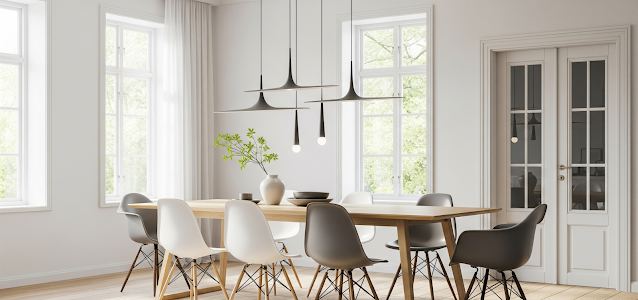 Desain ruang makan modern bergaya Eropa dengan furnitur minimalis, menampilkan meja kayu terang, kursi-kursi ikonik, dan lampu gantung simpel di ruangan yang cerah.