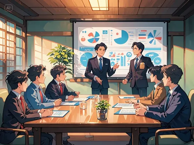 세미나실에서 '소크라테스 대화법으로 협상 기술 배우기' 워크숍을 진행하는 40대 대한민국 남성 강사의 모습
