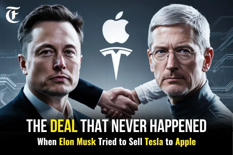 Elon Musk and Tim Cook face-off with Tesla and Apple logos in the background, representing Tesla's attempted sale to Apple