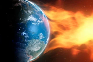 Ilustração de uma ejeção de massa coronal impactando a atmosfera da Terra. Quando um CME atinge a Terra, pode causar uma tempestade geomagnética que perturba a magnetosfera do planeta, nossas transmissões de rádio e linhas de energia elétrica.