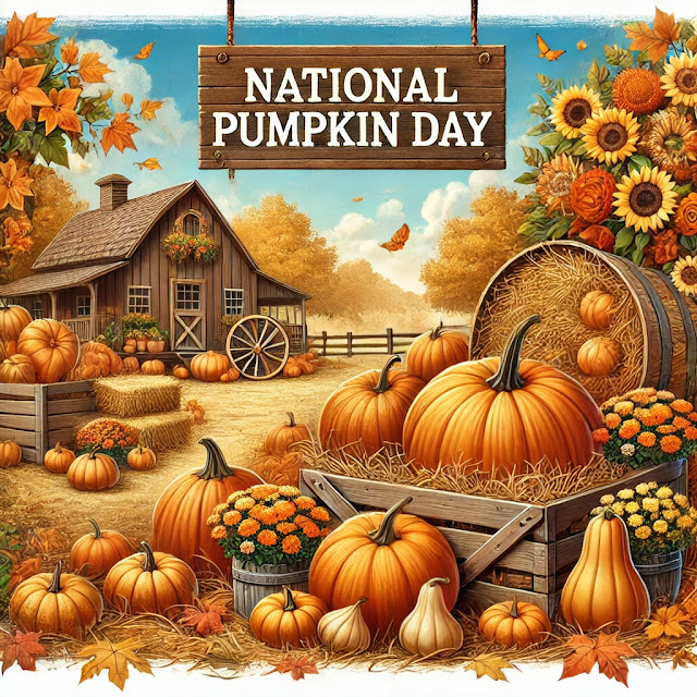 Festive autumn illustration for National Pumpkin Day featuring a vibrant pumpkin patch with pumpkins in various sizes and shades of orange. Surrounded by golden hay bales, scattered autumn leaves, and colorful flowers like marigolds and sunflowers. A rustic farmhouse and wooden crates filled with pumpkins are visible in the background, along with a clear sign reading 'National Pumpkin Day,' capturing the cozy essence of a fall celebration under a bright blue sky