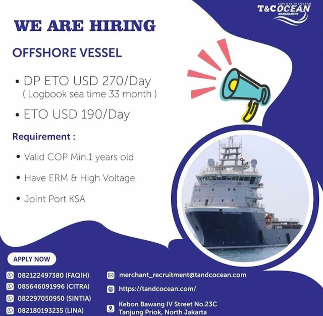 Lowongan Pelaut Offshore Vessel DP ETO T&C OCEAN 2023