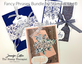 These three cards use Stampin' Up!'s Fancy Phrases Bundle (includes Fancy Tag Topper Punch) and the In Good Taste designer paper!  Check out the blog for a video!  #StampinUp #StampTherapist