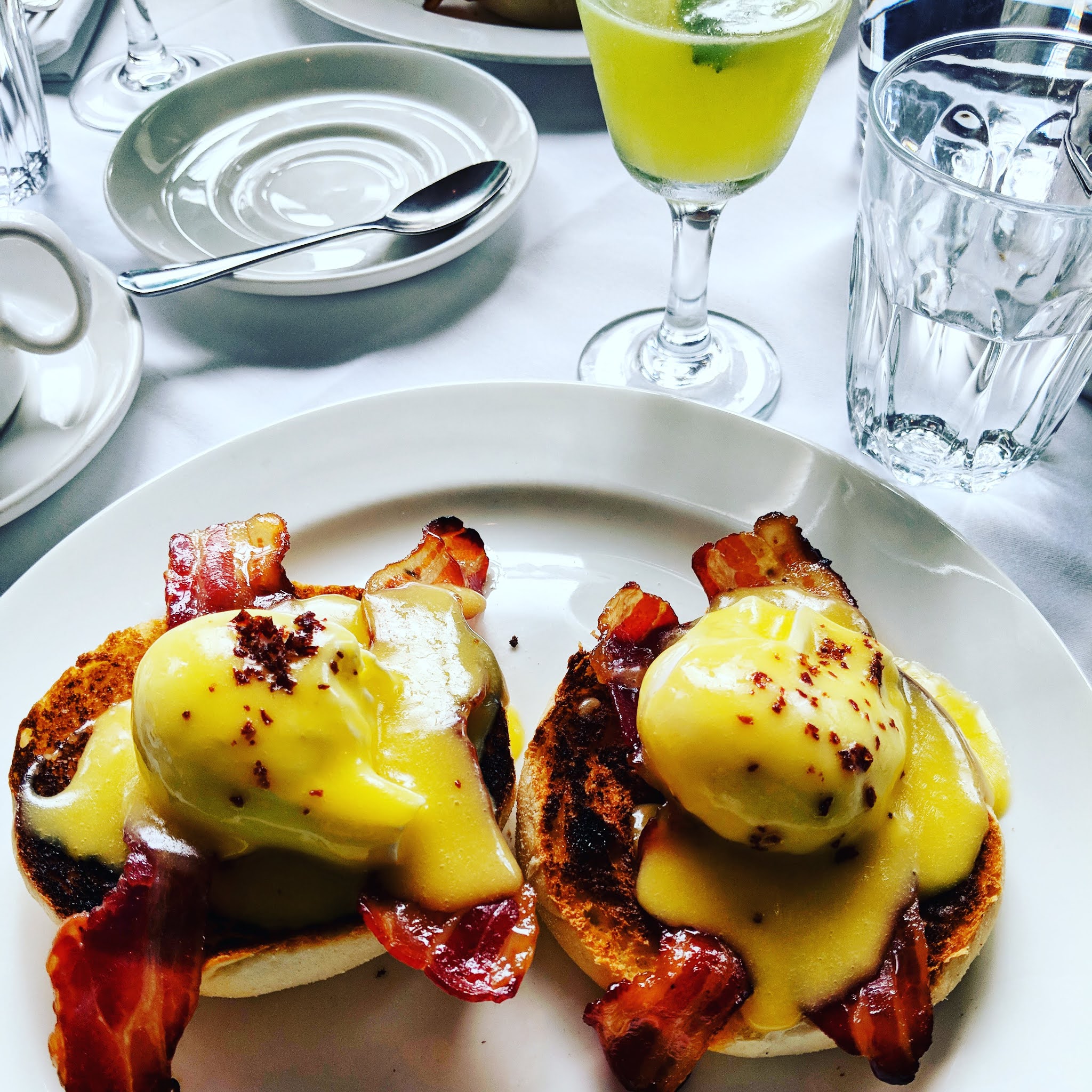 Maple Candied Bacon Benedict at Bistrotheque, one of the best East London breakfast spots