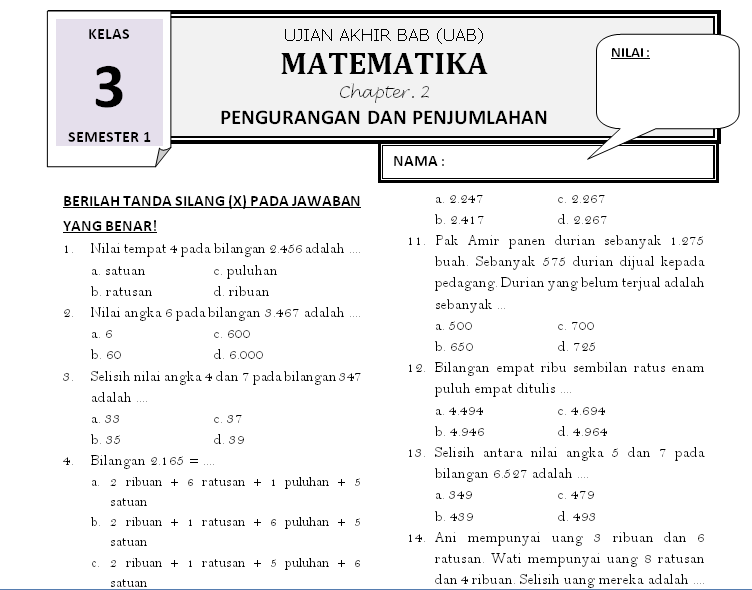 Soal Matematika Kelas 3  Bab 2. Pengurangan Dan Penjumlahan ~ Rief Awa Blog : Download Kumpulan 