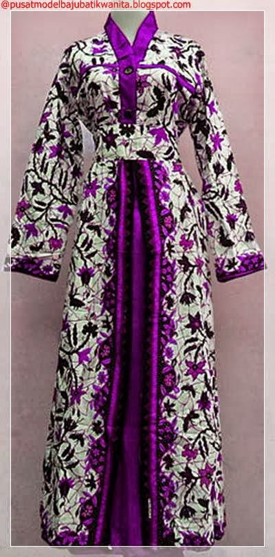 Contoh model gamis batik kombinasi brokat polos dua warna 