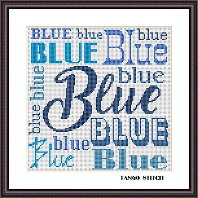 Blue word typography easy cross stitch pattern - Tango Stitch