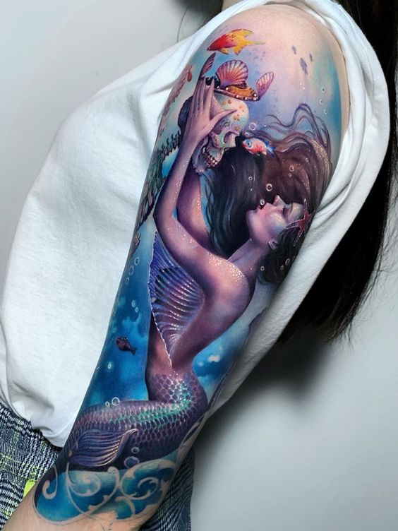 mermaid-with-skeleton-forearm-tattoo