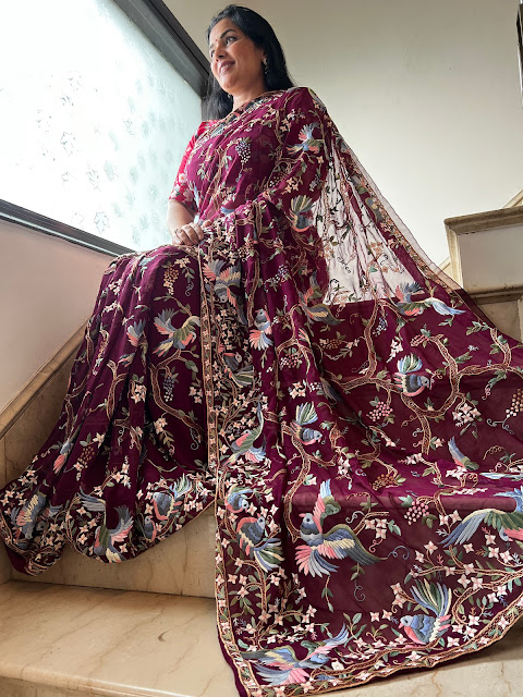 Wine Elegance: The Artistry of Hand-Embroidered Parsi Gara Sarees