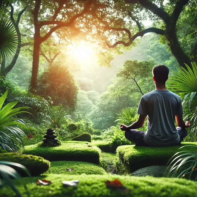 A person sitting cross-legged and meditating in a peaceful natural setting