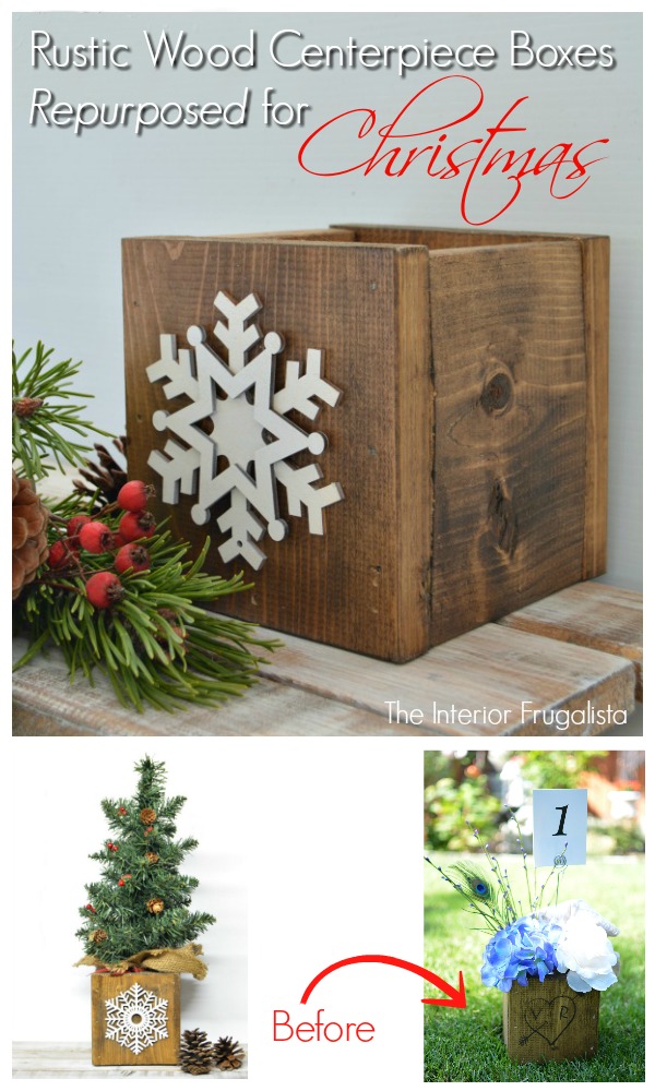 Handmade rustic wood centerpiece boxes repurposed for the holidays for tabletop tree holders or flameless pillar candle holders.