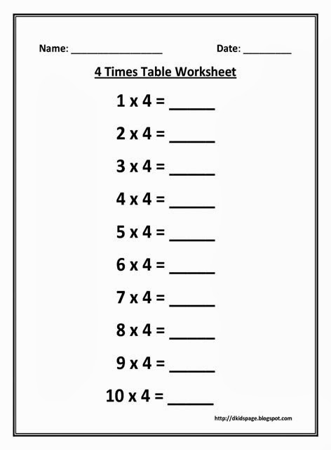 kids page 4 times multiplication table worksheet