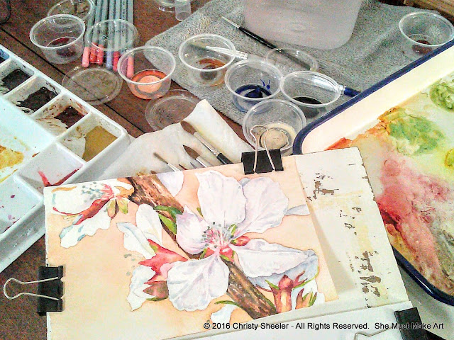 With several layers of watercolor, the main subject begins to pop, cherry blossoms come to life!