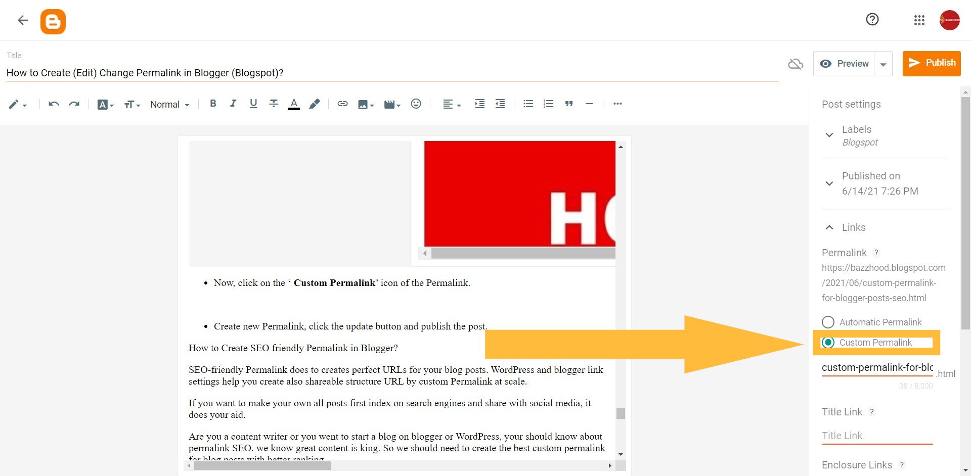 Now, click on the ‘ Custom Permalink’ option of the Permalink. Now, click on the ‘ Custom Permalink’ option of the Permalink.
