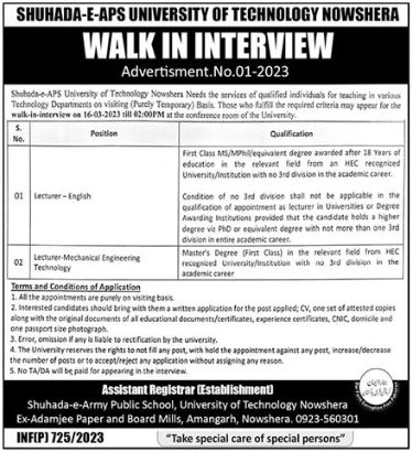 SHUHADA-APS-University of Technology NOWSHERA Teaching Jobs 2023