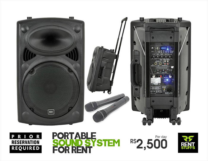 Portable Sound System with 2 FM Microphones for Rent.  For average area Event, Exhibition, Promotion etc.  Tripod, 2 Wireless FM Microphones, Bluetooth Connectivity, USB, Remote Controller and Charger included.  Re Chargeable Battery and Direct Power No special operator necessary.  Free delivery within greater Colombo area.  Rs. 2500/= per day including delivery.  Hotline 0763 103 104 https://www.facebook.com/rentstuffs/  ----------------------------------------------------------- Standard Multimedia Projector - 2,500/= per day Screen (6x6) - 1,500/= per day. LED TV with stand - Starting from 4000/= per day.  #soundrent #soundsystemrent #avrent #audiorent #speaker #micraphone #rentstuffs #projector