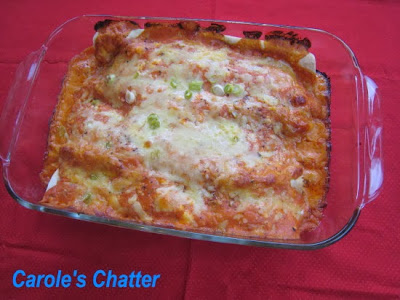 Enchiladas using leftover roast chicken and garlic naan instead of tortillas on Carole's Chatter