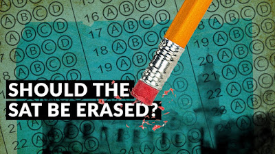 Graphic of "should The SAT Be Erased" with a pencil and blue dotted background.