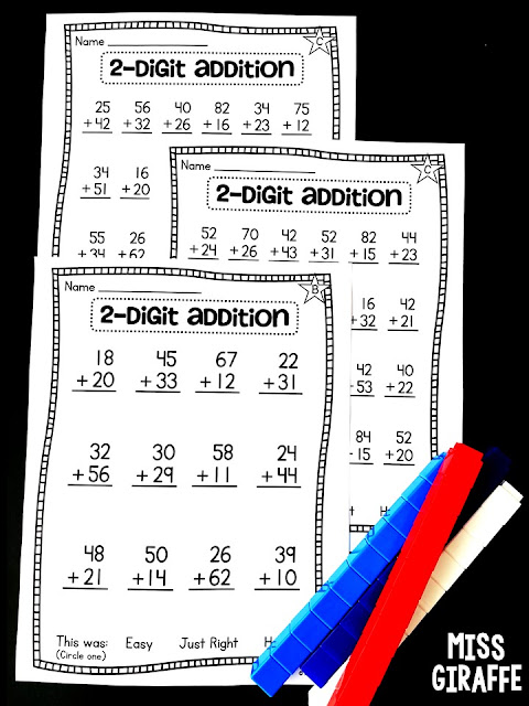 Differentiated math worksheets for 2 digit addition