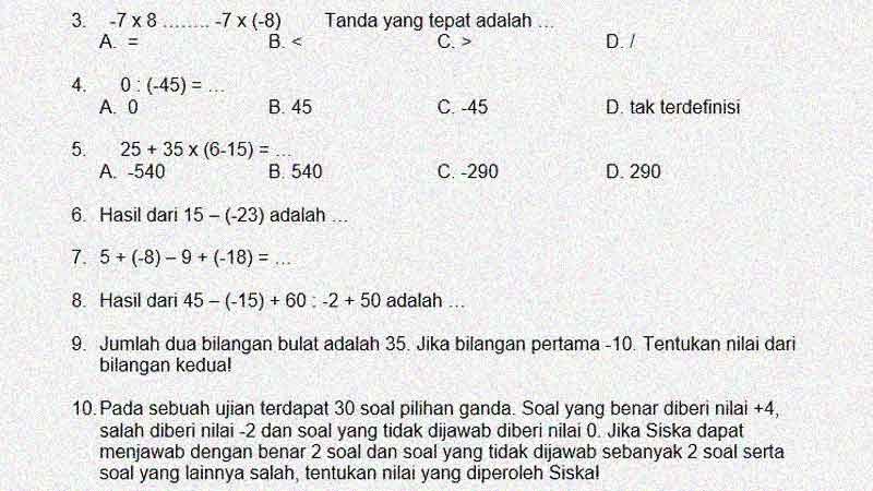 Soal Matematika Kelas 6 Kd 3 2 Operasi Hitung Bilangan Bulat Negatif Sekolahdasar Net